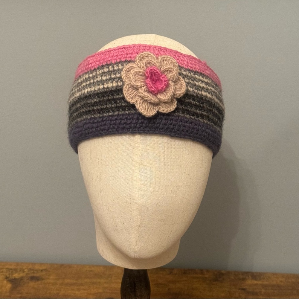 Erin Knitwear Wool Crochet‎ Headband Flower Lined Ireland Pink Gray